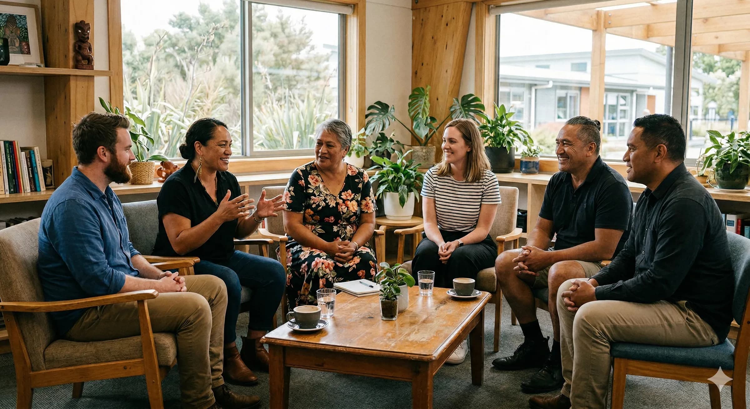 A group of educators in relaxed discussion at a community hui