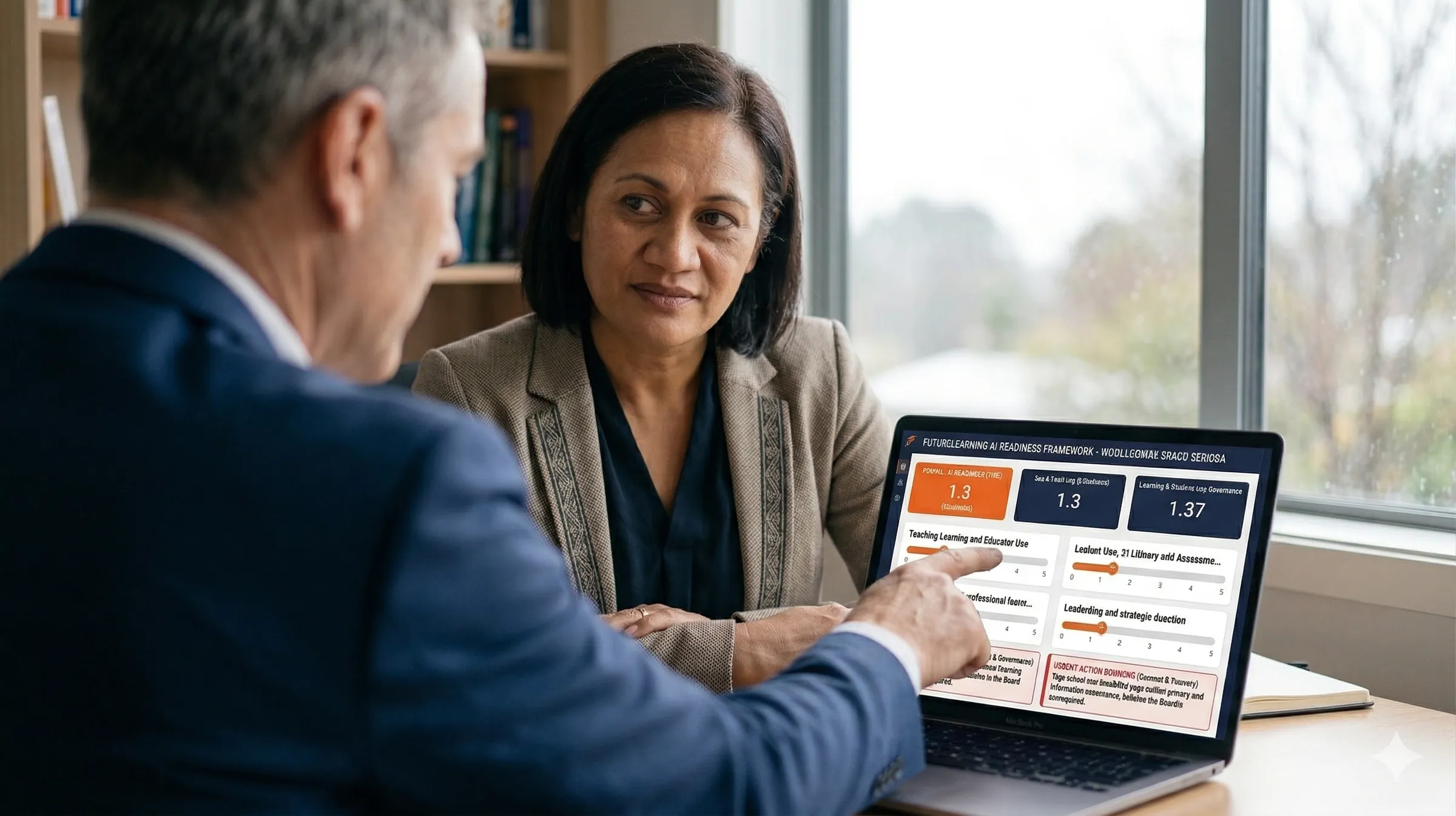 A principal and colleague reviewing AI readiness results together on a laptop