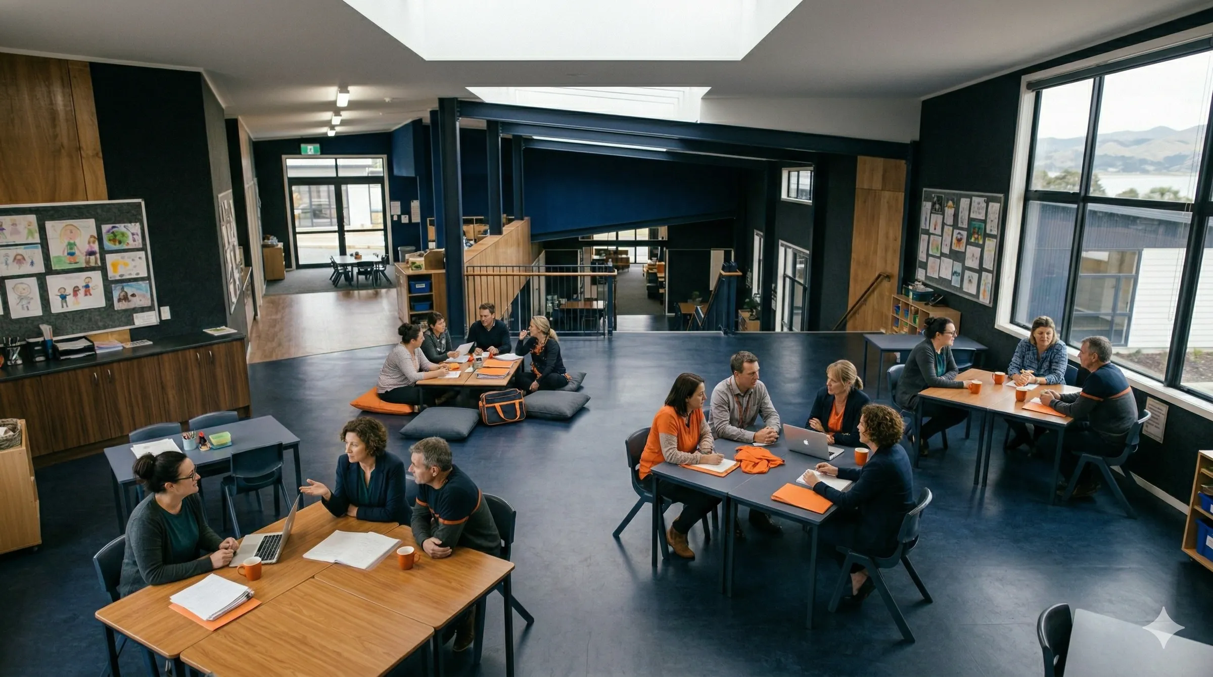 Educators in small groups across an open, light-filled staffroom