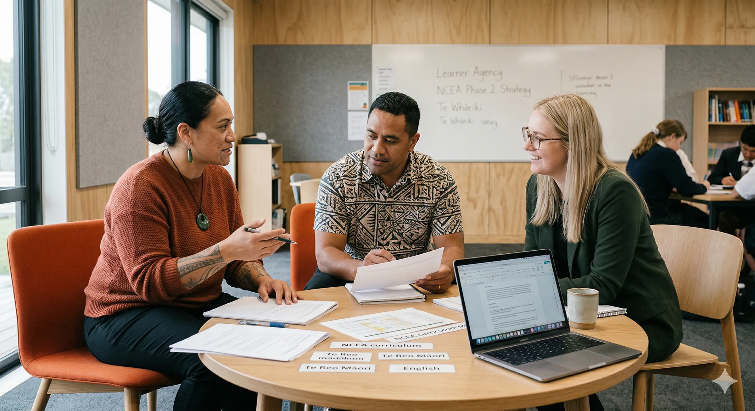 Three educators working together around a laptop in a school staffroom
